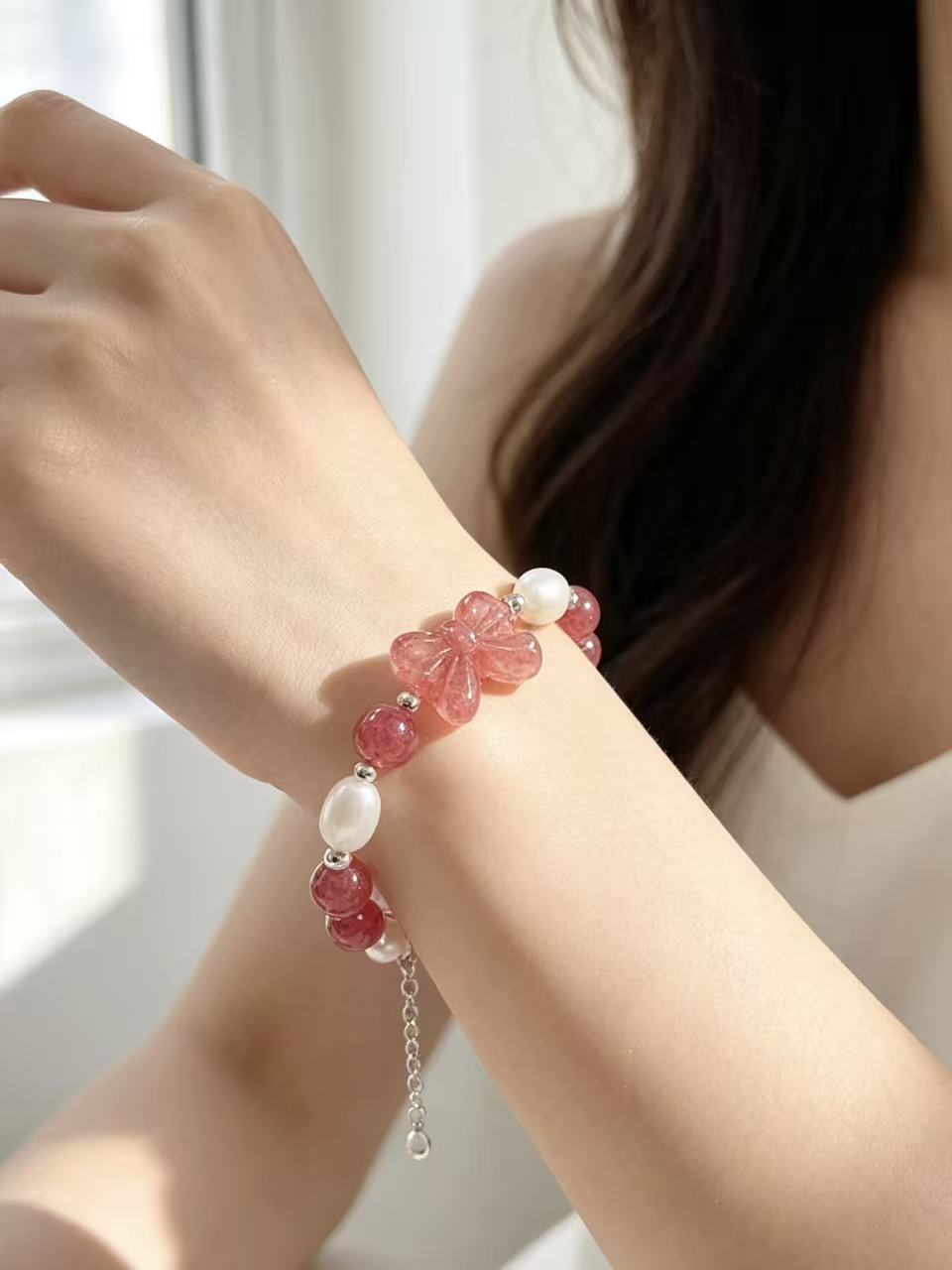 Crystal Paradise Strawberry Quartz Butterfly Bracelet – Natural Crystal Beaded Bracelet with Pearl Accents