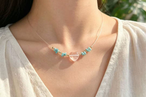 rystal Paradise Ocean Breeze Turquoise Necklace – Handmade Natural Turquoise &amp; Clear Quartz Heart Pendant