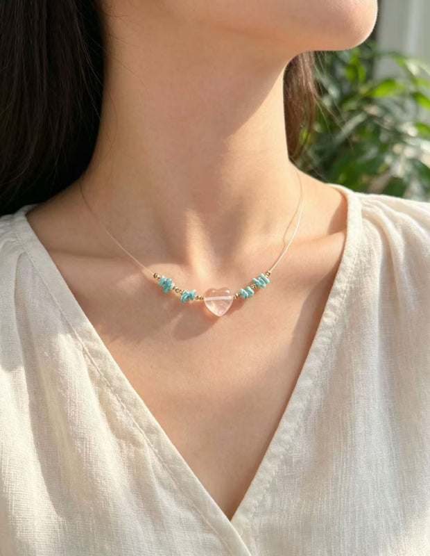 rystal Paradise Ocean Breeze Turquoise Necklace – Handmade Natural Turquoise &amp; Clear Quartz Heart Pendant