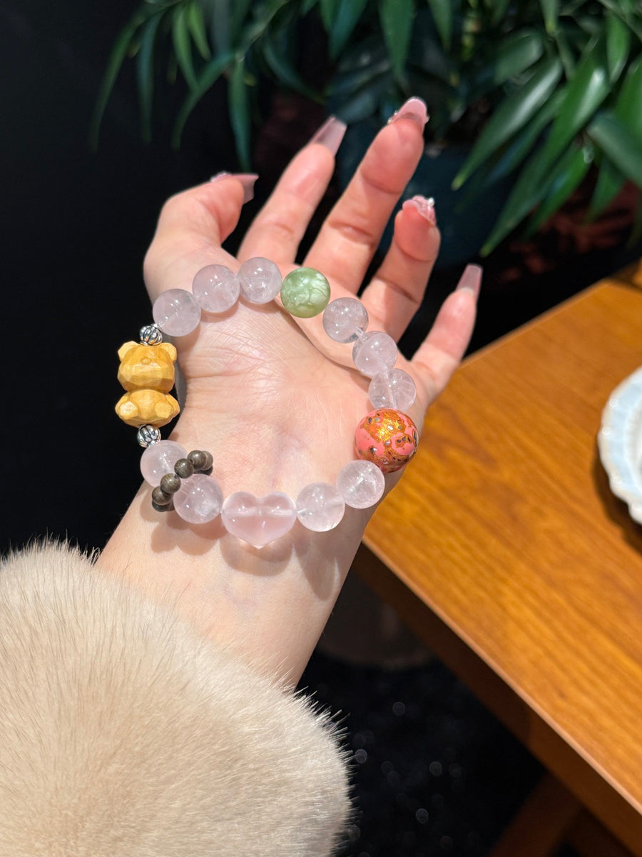 Crystal Paradise Lucky Bear Rose Quartz Bracelet – “Fortune Hug” Handmade Cute Energy Bead Bracelet 🐻✨