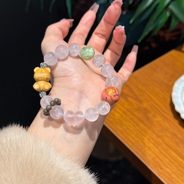 Crystal Paradise Lucky Bear Rose Quartz Bracelet – “Fortune Hug” Handmade Cute Energy Bead Bracelet 🐻✨
