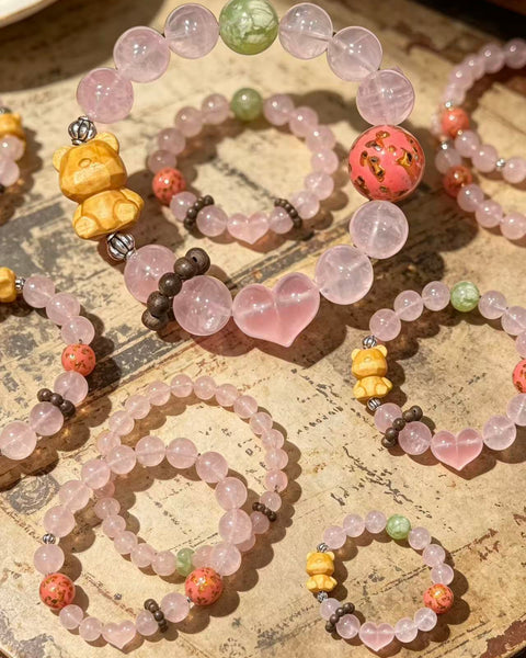 Crystal Paradise Lucky Bear Rose Quartz Bracelet – “Fortune Hug” Handmade Cute Energy Bead Bracelet 🐻✨
