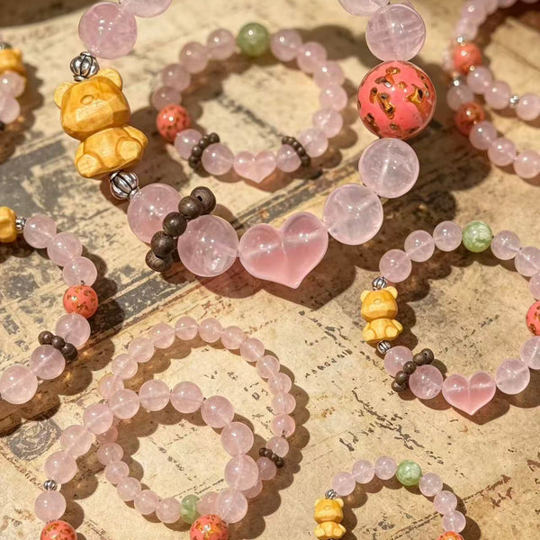 Crystal Paradise Lucky Bear Rose Quartz Bracelet – “Fortune Hug” Handmade Cute Energy Bead Bracelet 🐻✨