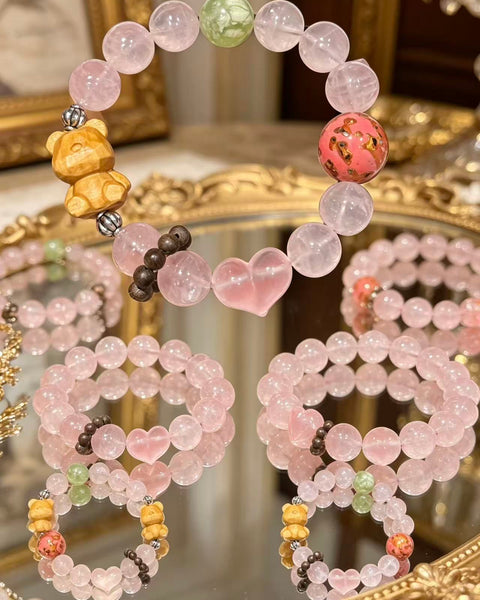 Crystal Paradise Lucky Bear Rose Quartz Bracelet – “Fortune Hug” Handmade Cute Energy Bead Bracelet 🐻✨