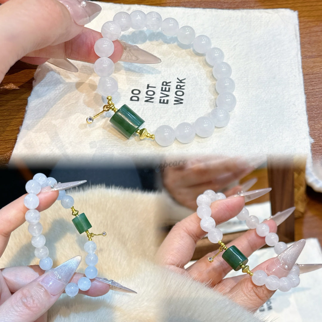 Crystal Paradise White Phantom & Jasper Barrel Bracelet – Handmade Wealth Balance Bracelet with Natural Jade-Inspired Elegance 💚