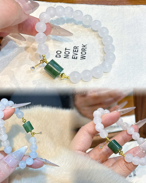 Crystal Paradise White Phantom & Jasper Barrel Bracelet – Handmade Wealth Balance Bracelet with Natural Jade-Inspired Elegance 💚