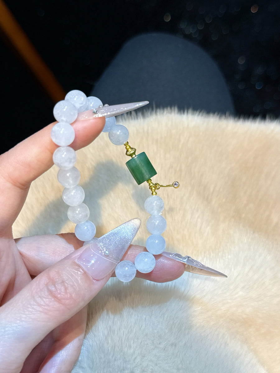 Crystal Paradise White Phantom & Jasper Barrel Bracelet – Handmade Wealth Balance Bracelet with Natural Jade-Inspired Elegance 💚
