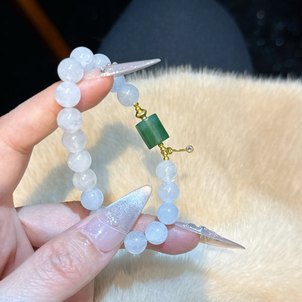 Crystal Paradise White Phantom & Jasper Barrel Bracelet – Handmade Wealth Balance Bracelet with Natural Jade-Inspired Elegance 💚