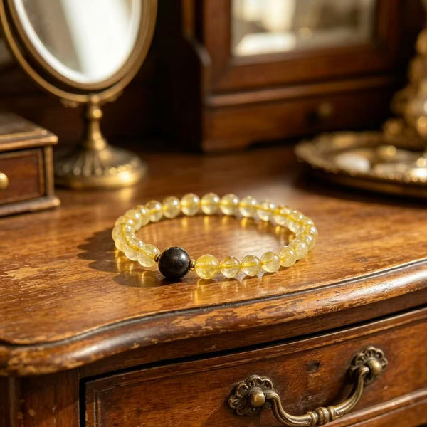 Crystal Paradise Light of Wealth Bracelet – Handmade Gold Rutilated Quartz, Amber & Agarwood Prosperity Bracelet ✨