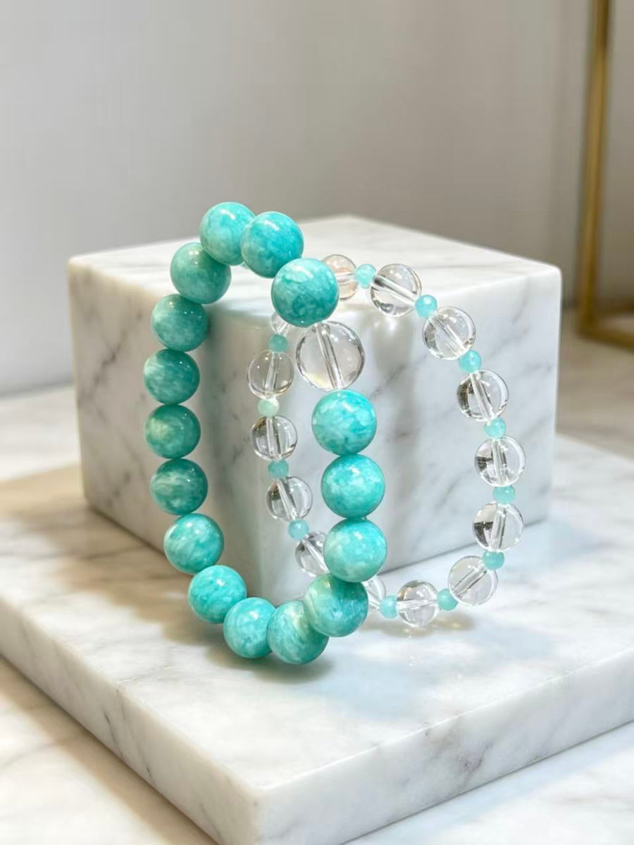Crystal Paradise Pure Energy CP Stack Bracelet Set – Handmade Amazonite & Clear Quartz Healing Layered Bracelet 💙