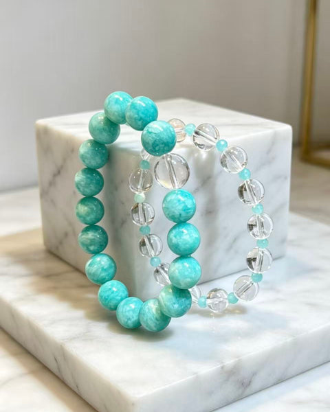 Crystal Paradise Pure Energy CP Stack Bracelet Set – Handmade Amazonite & Clear Quartz Healing Layered Bracelet 💙