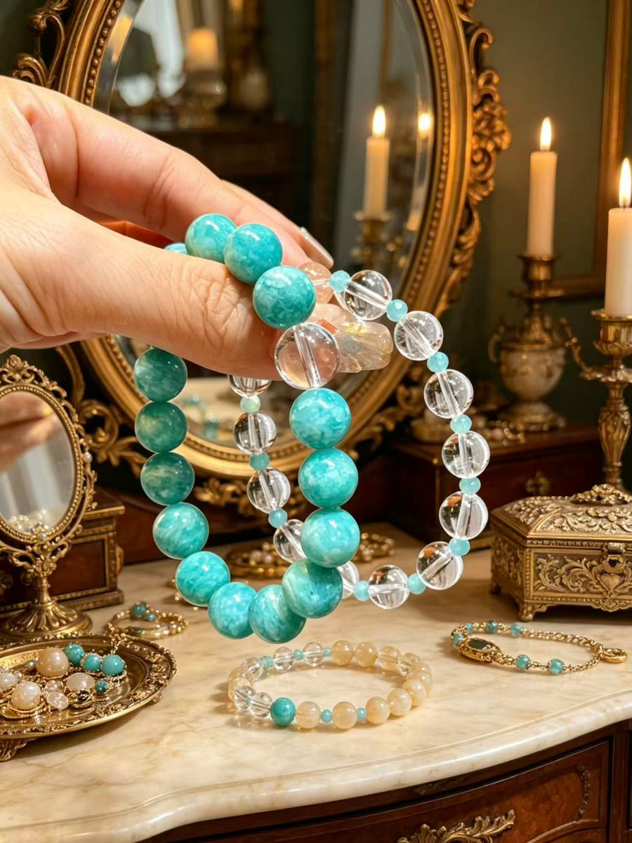 Crystal Paradise Pure Energy CP Stack Bracelet Set – Handmade Amazonite & Clear Quartz Healing Layered Bracelet 💙