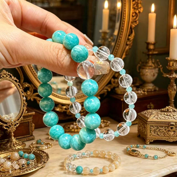 Crystal Paradise Pure Energy CP Stack Bracelet Set – Handmade Amazonite & Clear Quartz Healing Layered Bracelet 💙