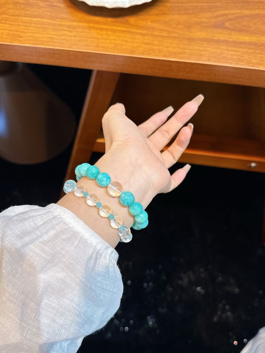 Crystal Paradise Pure Energy CP Stack Bracelet Set – Handmade Amazonite & Clear Quartz Healing Layered Bracelet 💙