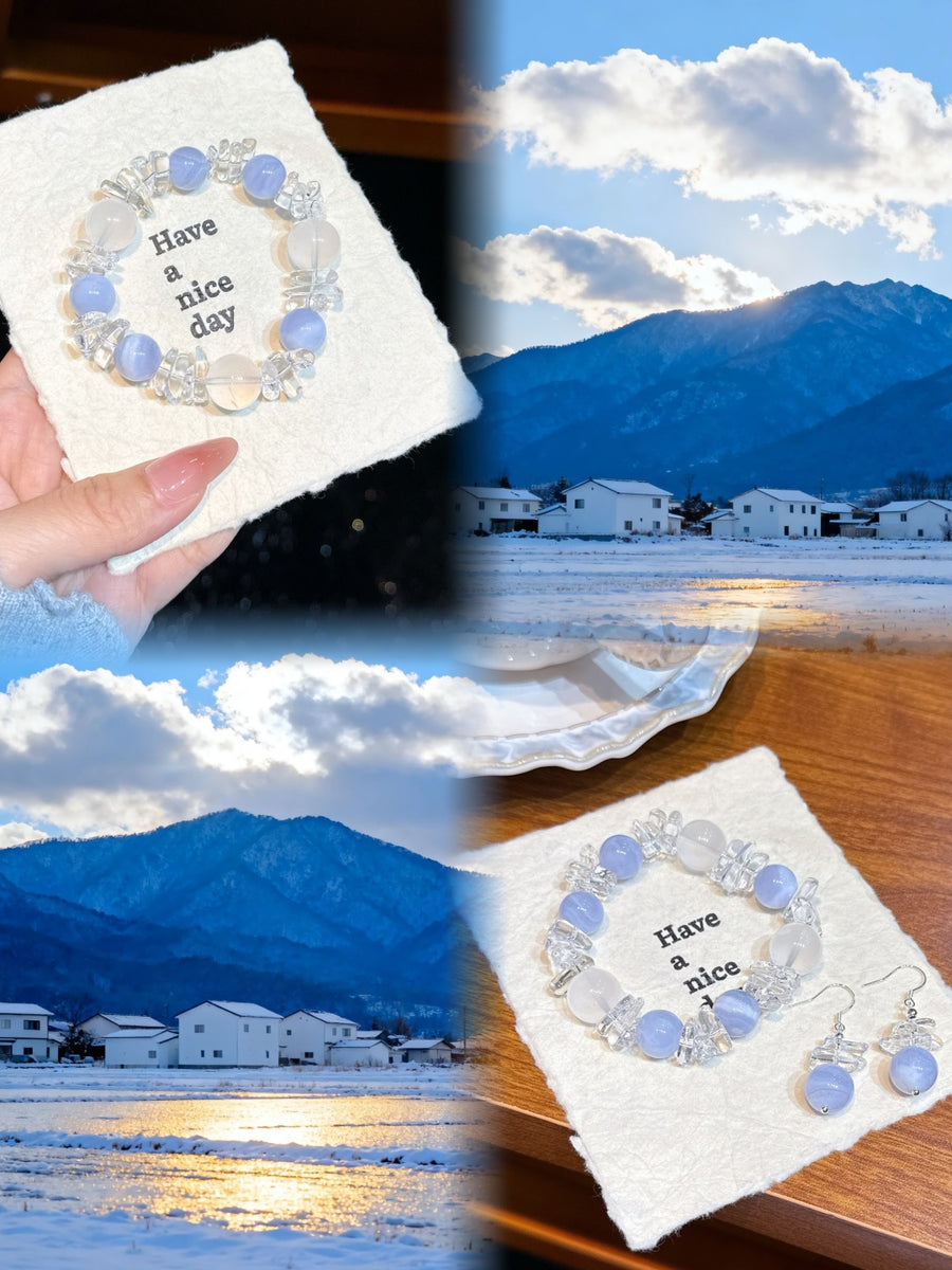 Crystal Paradise Blue Realm Serenity Bracelet – Blue Lace Agate & Milky White Crystal Handmade Healing Bracelet with Gift Earrings