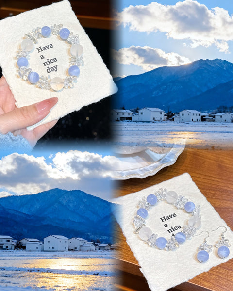 Crystal Paradise Blue Realm Serenity Bracelet – Blue Lace Agate & Milky White Crystal Handmade Healing Bracelet with Gift Earrings