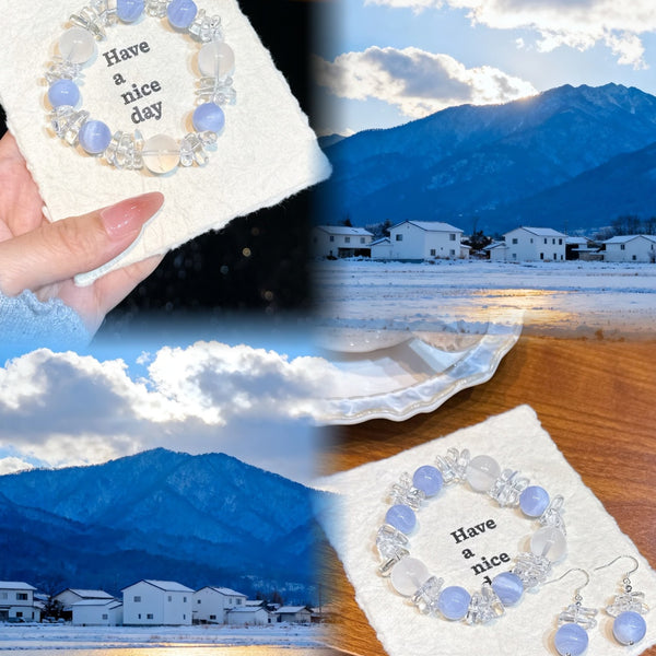 Crystal Paradise Blue Realm Serenity Bracelet – Blue Lace Agate & Milky White Crystal Handmade Healing Bracelet with Gift Earrings