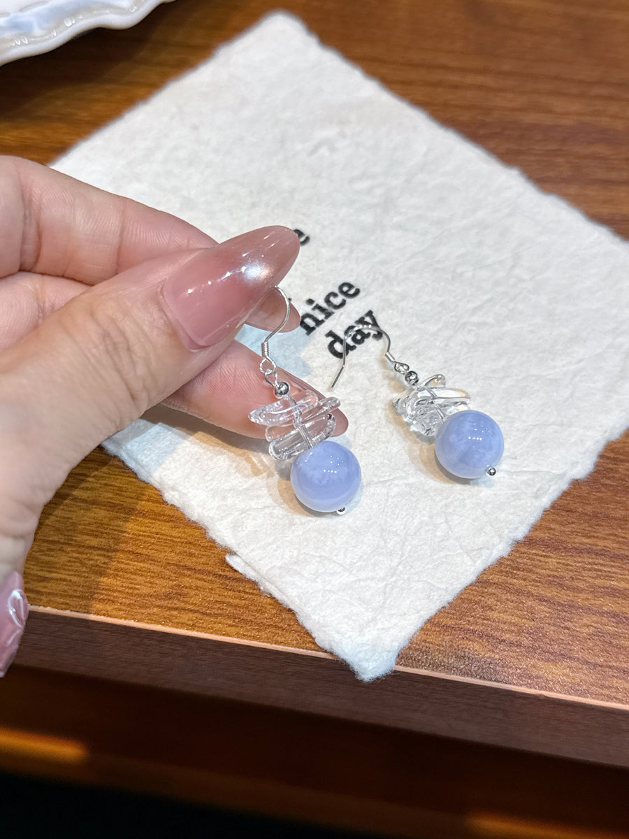Crystal Paradise Blue Realm Serenity Bracelet – Blue Lace Agate & Milky White Crystal Handmade Healing Bracelet with Gift Earrings