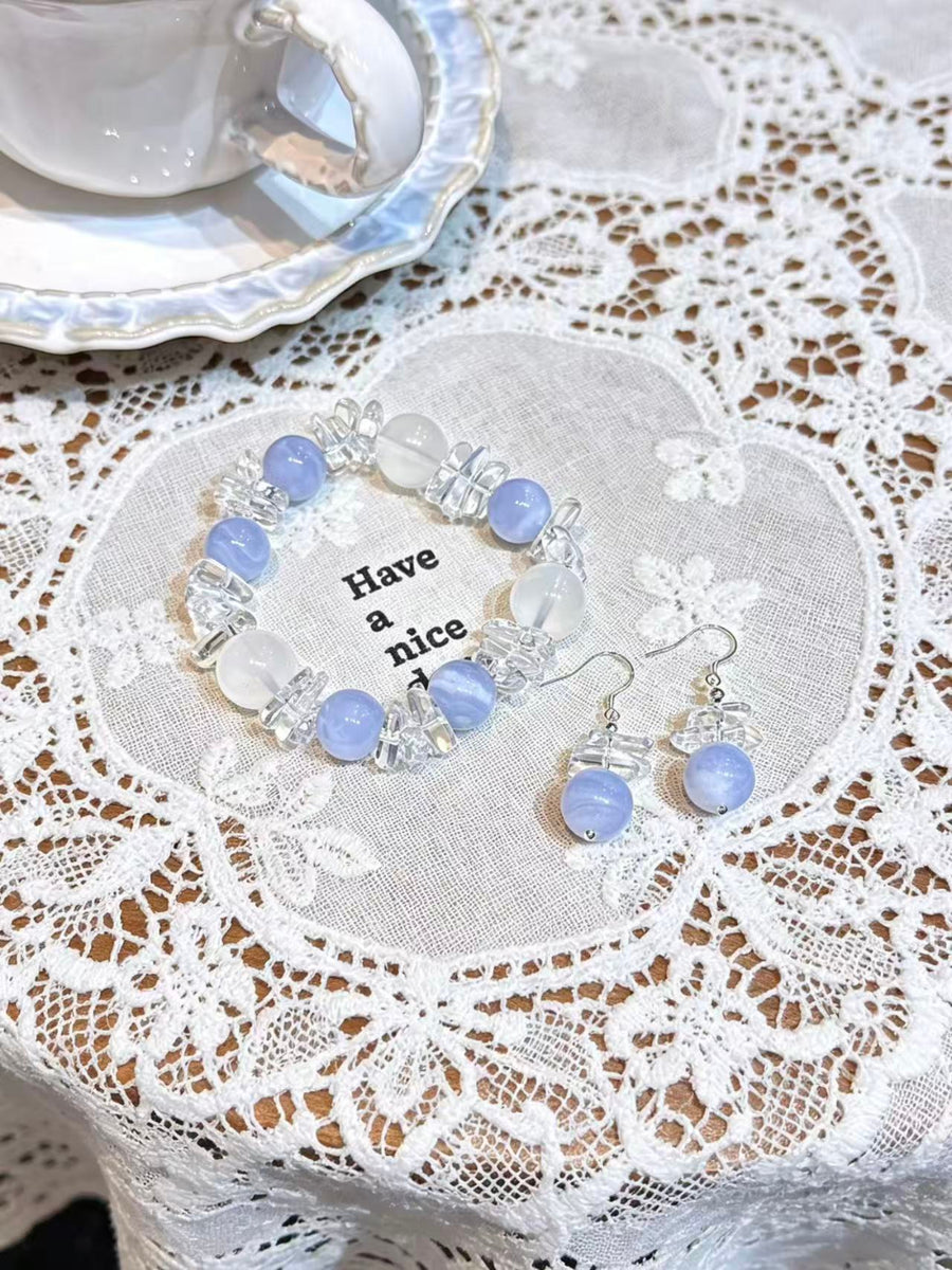 Crystal Paradise Blue Realm Serenity Bracelet – Blue Lace Agate & Milky White Crystal Handmade Healing Bracelet with Gift Earrings