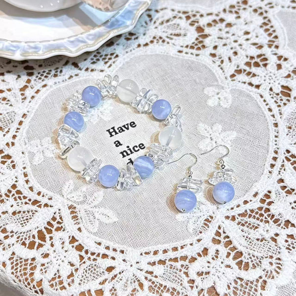 Crystal Paradise Blue Realm Serenity Bracelet – Blue Lace Agate & Milky White Crystal Handmade Healing Bracelet with Gift Earrings