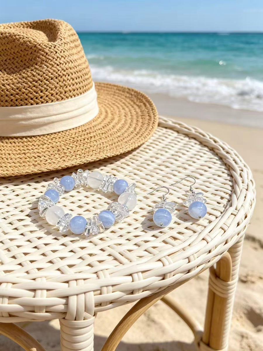 Crystal Paradise Blue Realm Serenity Bracelet – Blue Lace Agate & Milky White Crystal Handmade Healing Bracelet with Gift Earrings