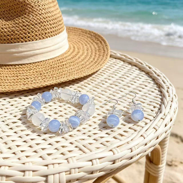 Crystal Paradise Blue Realm Serenity Bracelet – Blue Lace Agate & Milky White Crystal Handmade Healing Bracelet with Gift Earrings