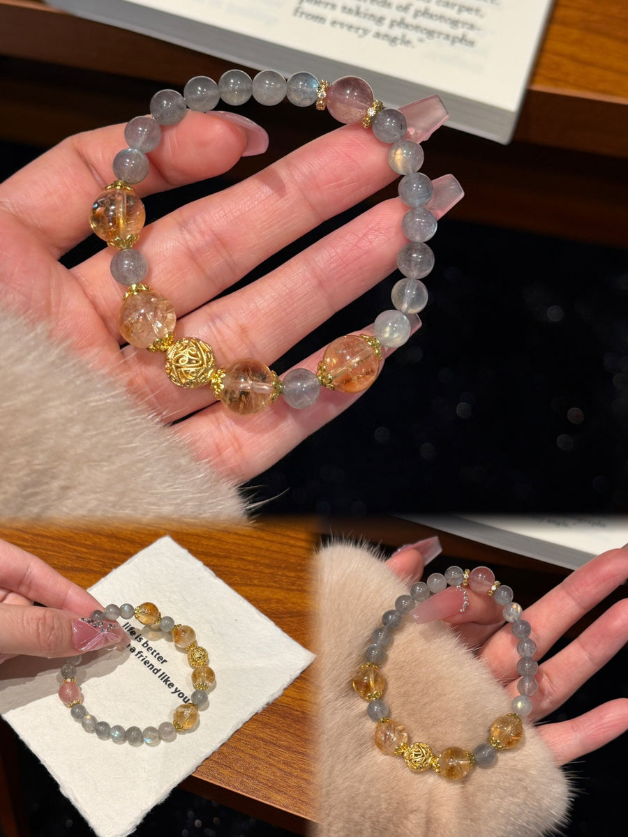 Crystal Paradise Golden Prosperity Bracelet – Yellow Phantom Quartz & Gray Moonstone Handmade Wealth Energy Bracelet