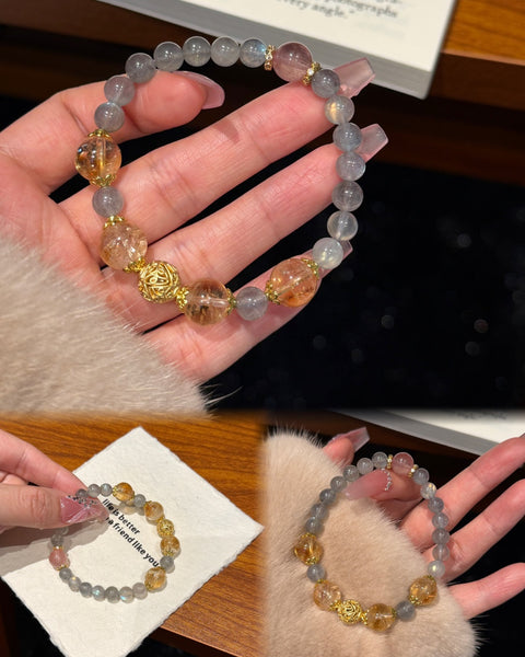 Crystal Paradise Golden Prosperity Bracelet – Yellow Phantom Quartz & Gray Moonstone Handmade Wealth Energy Bracelet