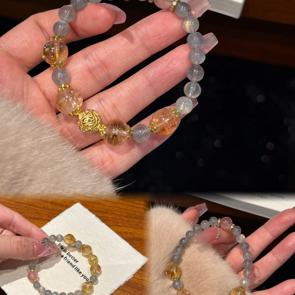 Crystal Paradise Golden Prosperity Bracelet – Yellow Phantom Quartz & Gray Moonstone Handmade Wealth Energy Bracelet