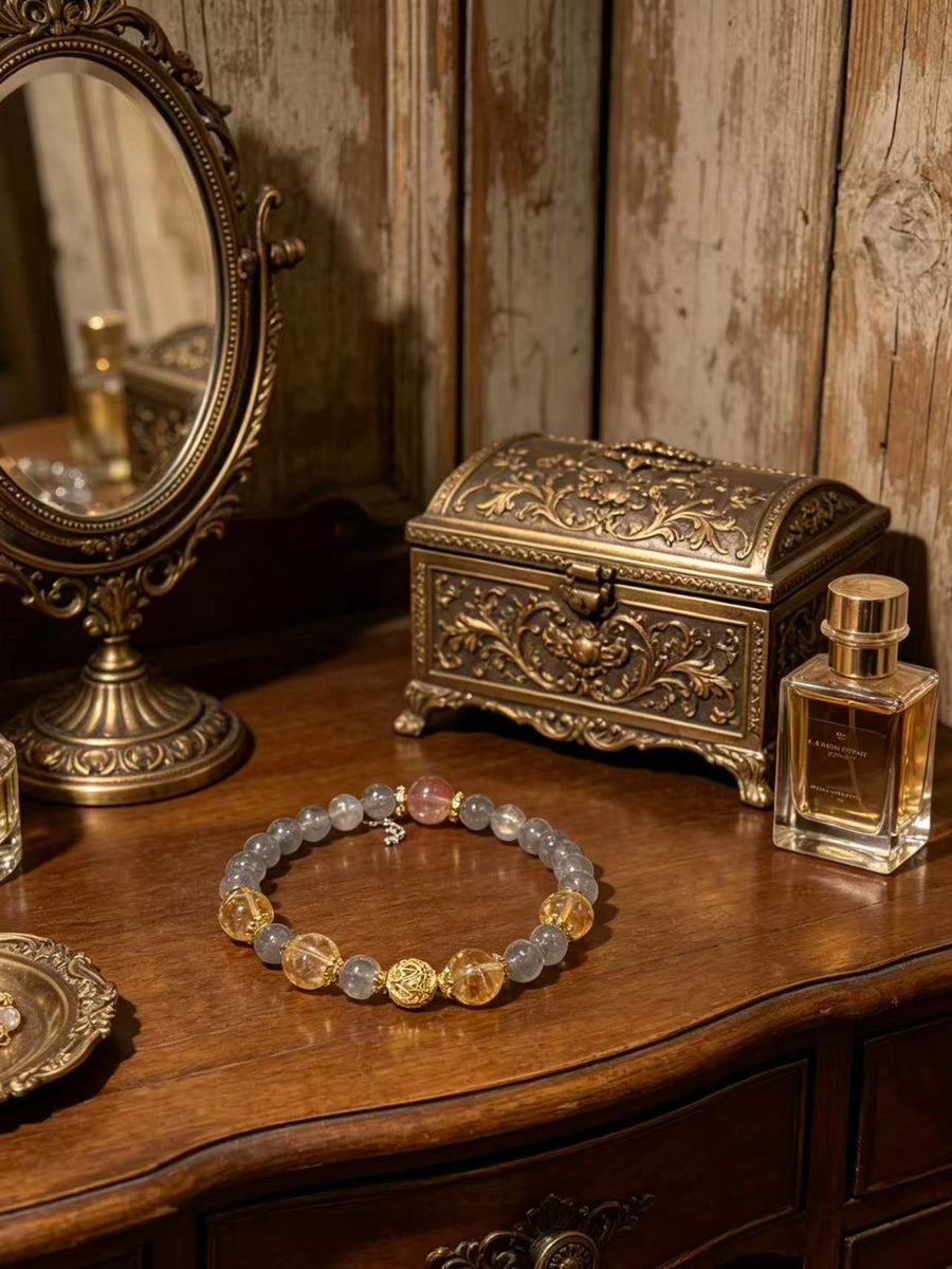 Crystal Paradise Golden Prosperity Bracelet – Yellow Phantom Quartz & Gray Moonstone Handmade Wealth Energy Bracelet