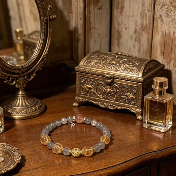 Crystal Paradise Golden Prosperity Bracelet – Yellow Phantom Quartz & Gray Moonstone Handmade Wealth Energy Bracelet