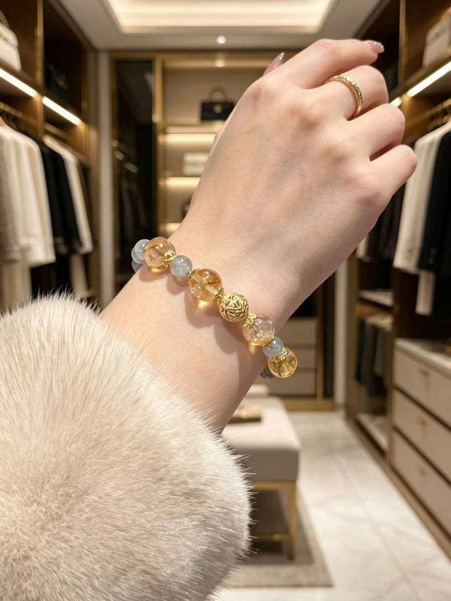 Crystal Paradise Golden Prosperity Bracelet – Yellow Phantom Quartz & Gray Moonstone Handmade Wealth Energy Bracelet