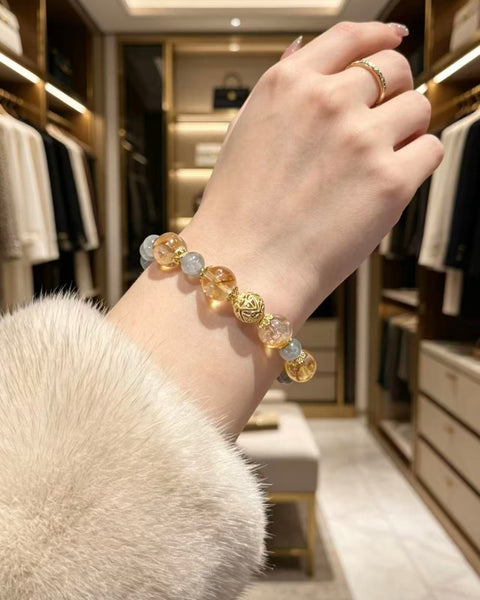 Crystal Paradise Golden Prosperity Bracelet – Yellow Phantom Quartz & Gray Moonstone Handmade Wealth Energy Bracelet