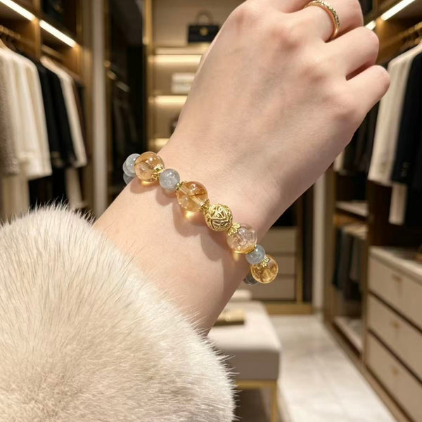 Crystal Paradise Golden Prosperity Bracelet – Yellow Phantom Quartz & Gray Moonstone Handmade Wealth Energy Bracelet