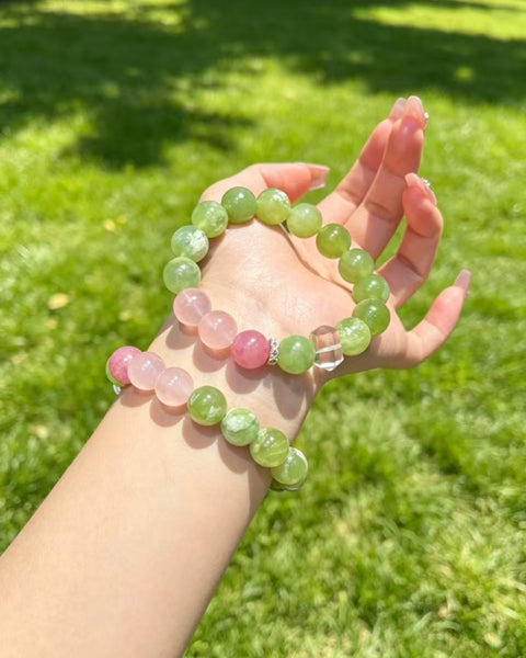 Crystal Paradise Sakura Glow Bracelet – Rose Quartz, Sakura Rhodonite & Green Grape Crystal Handmade Luck Bracelet
