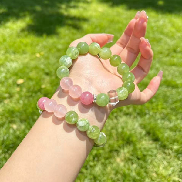 Crystal Paradise Sakura Glow Bracelet – Rose Quartz, Sakura Rhodonite & Green Grape Crystal Handmade Luck Bracelet