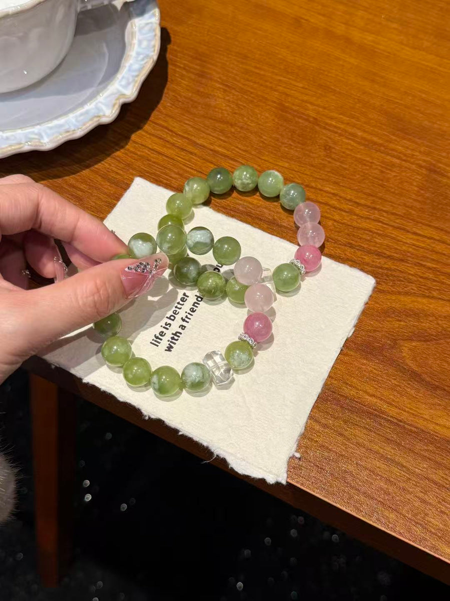 Crystal Paradise Sakura Glow Bracelet – Rose Quartz, Sakura Rhodonite & Green Grape Crystal Handmade Luck Bracelet