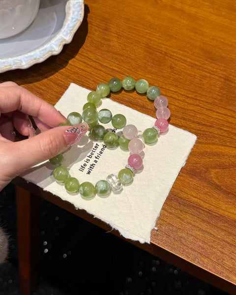 Crystal Paradise Sakura Glow Bracelet – Rose Quartz, Sakura Rhodonite & Green Grape Crystal Handmade Luck Bracelet