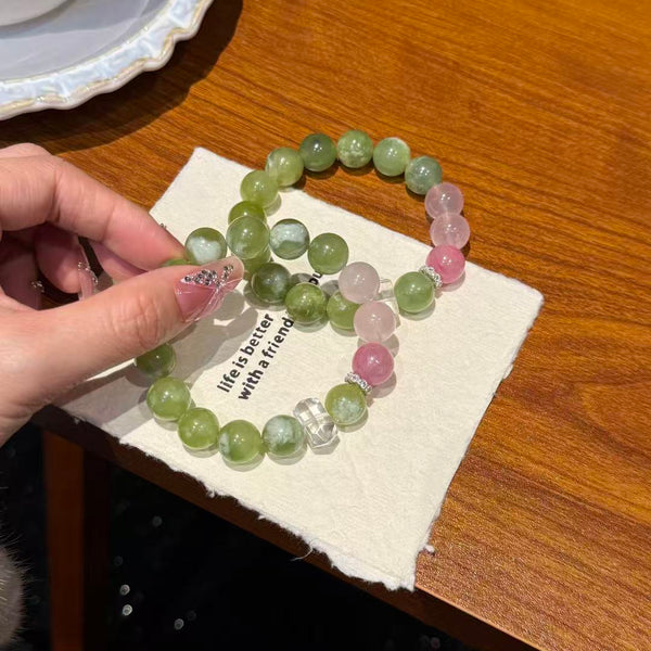 Crystal Paradise Sakura Glow Bracelet – Rose Quartz, Sakura Rhodonite & Green Grape Crystal Handmade Luck Bracelet