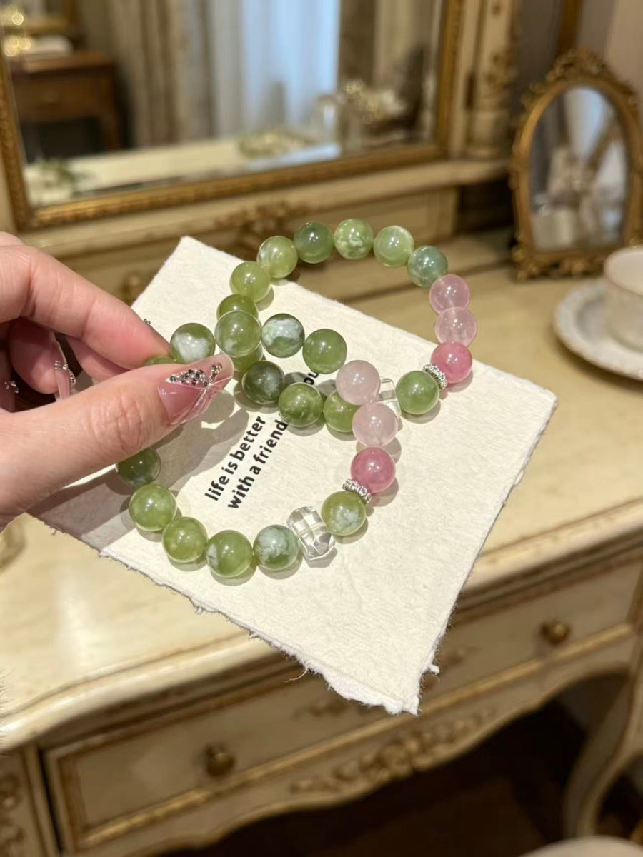 Crystal Paradise Sakura Glow Bracelet – Rose Quartz, Sakura Rhodonite & Green Grape Crystal Handmade Luck Bracelet