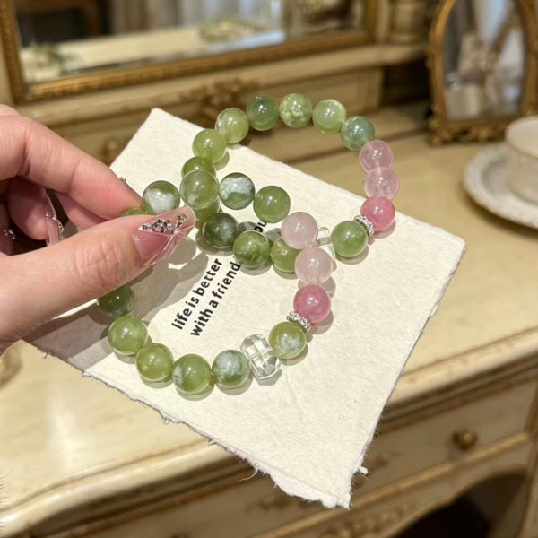 Crystal Paradise Sakura Glow Bracelet – Rose Quartz, Sakura Rhodonite & Green Grape Crystal Handmade Luck Bracelet