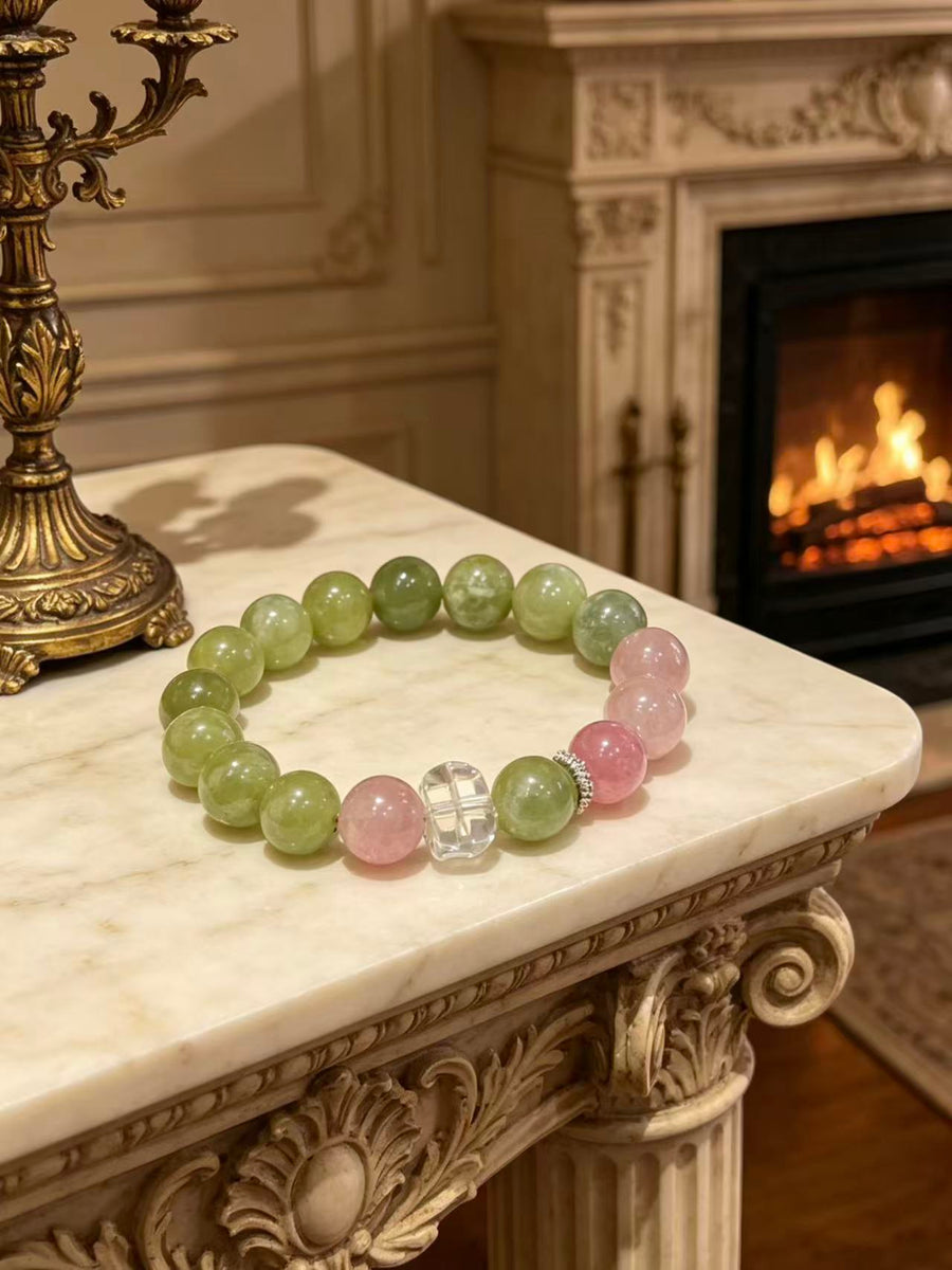 Crystal Paradise Sakura Glow Bracelet – Rose Quartz, Sakura Rhodonite & Green Grape Crystal Handmade Luck Bracelet
