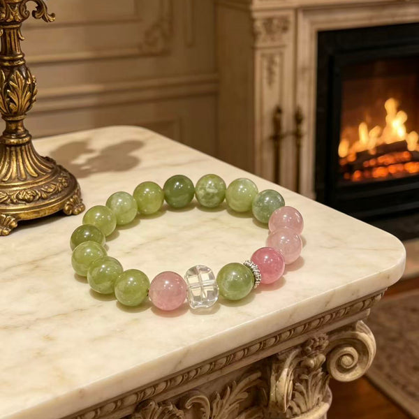 Crystal Paradise Sakura Glow Bracelet – Rose Quartz, Sakura Rhodonite & Green Grape Crystal Handmade Luck Bracelet