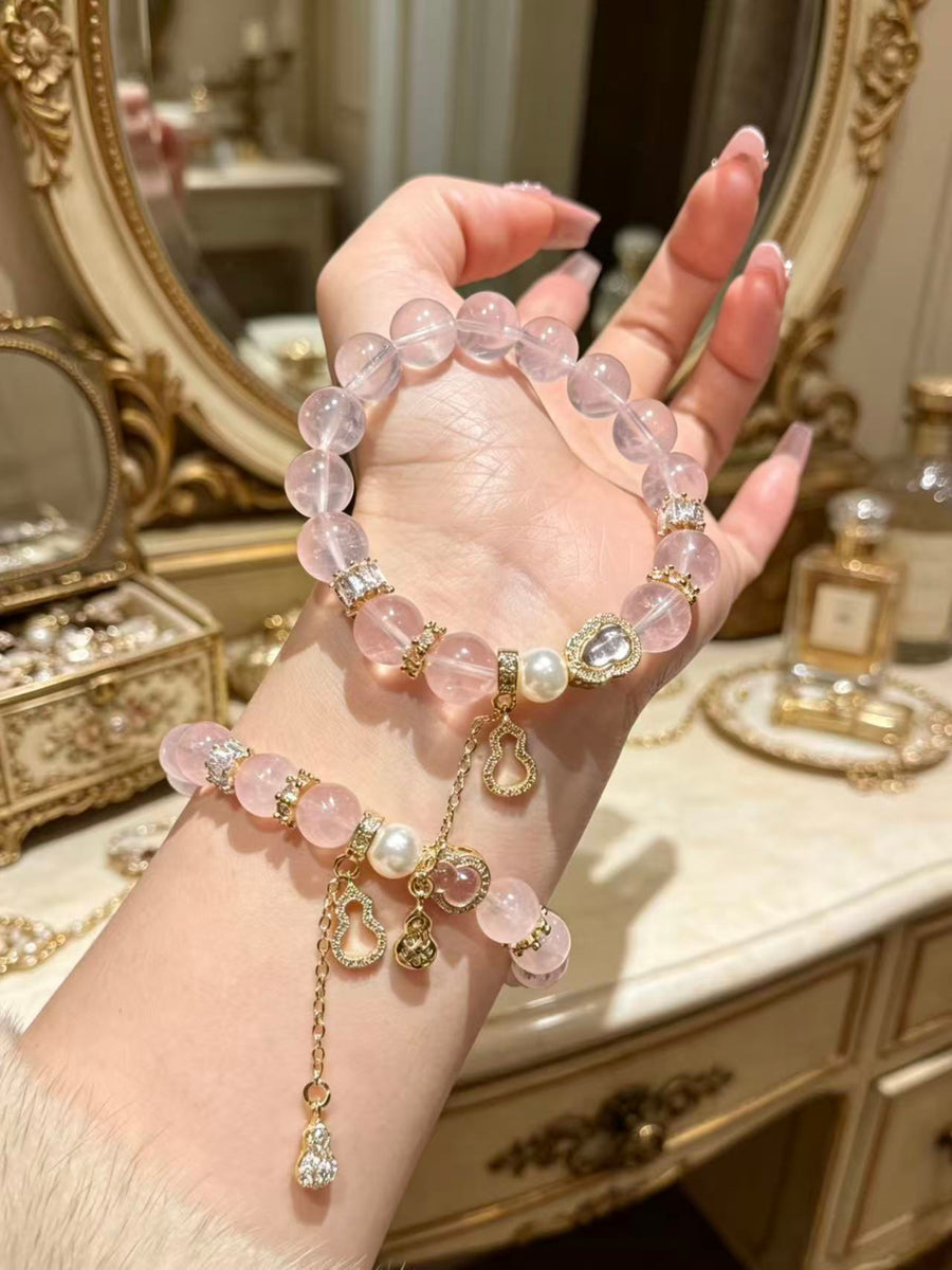 Crystal Paradise Pink Fortune Gourd Bracelet – Rose Quartz Handmade Bracelet with Gourd Charm