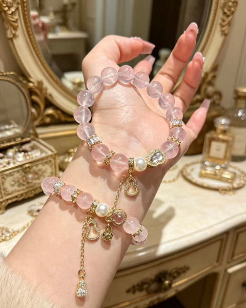 Crystal Paradise Pink Fortune Gourd Bracelet – Rose Quartz Handmade Bracelet with Gourd Charm