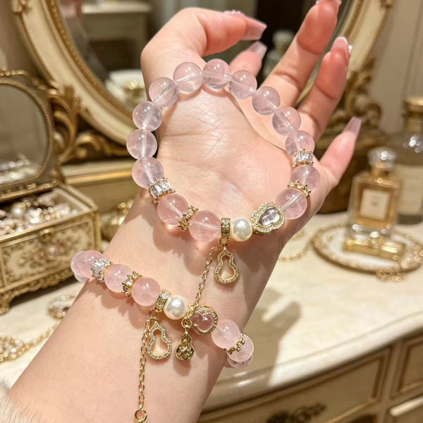 Crystal Paradise Pink Fortune Gourd Bracelet – Rose Quartz Handmade Bracelet with Gourd Charm