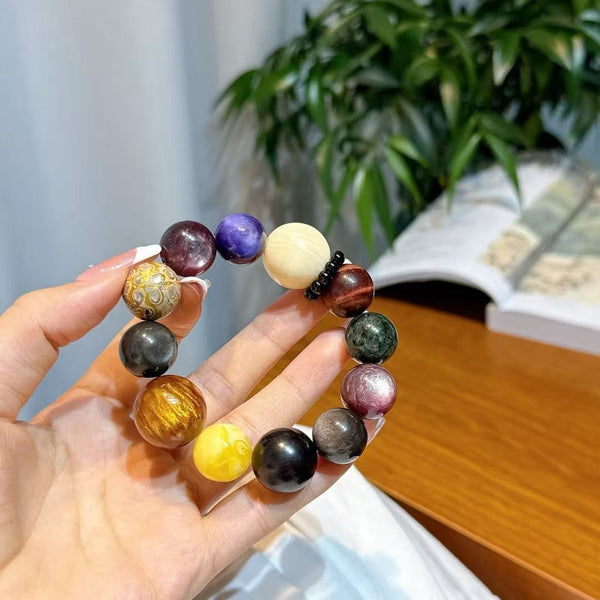 Crystal Paradise Heritage Lacquer & Multi-Crystal Energy Bracelet – Handmade Protection & Balance Jewelry 🖤✨