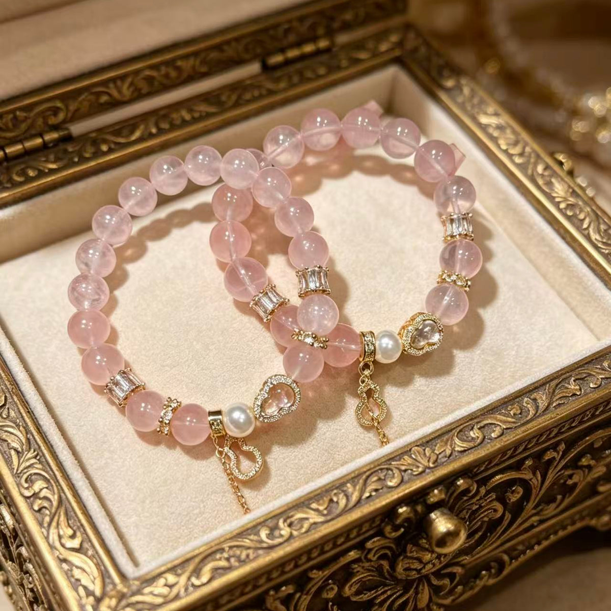 Crystal Paradise Pink Fortune Gourd Bracelet – Rose Quartz Handmade Bracelet with Gourd Charm