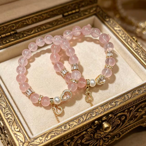 Crystal Paradise Pink Fortune Gourd Bracelet – Rose Quartz Handmade Bracelet with Gourd Charm