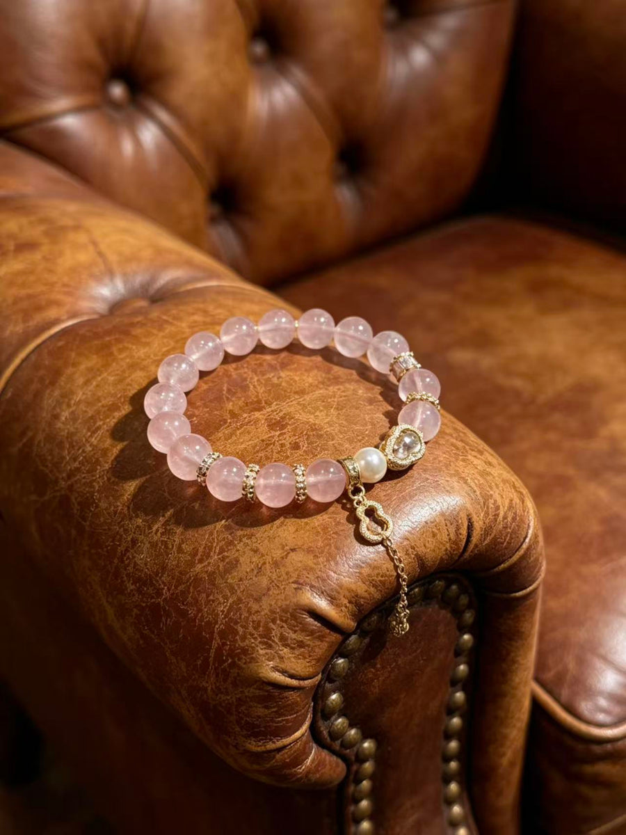 Crystal Paradise Pink Fortune Gourd Bracelet – Rose Quartz Handmade Bracelet with Gourd Charm